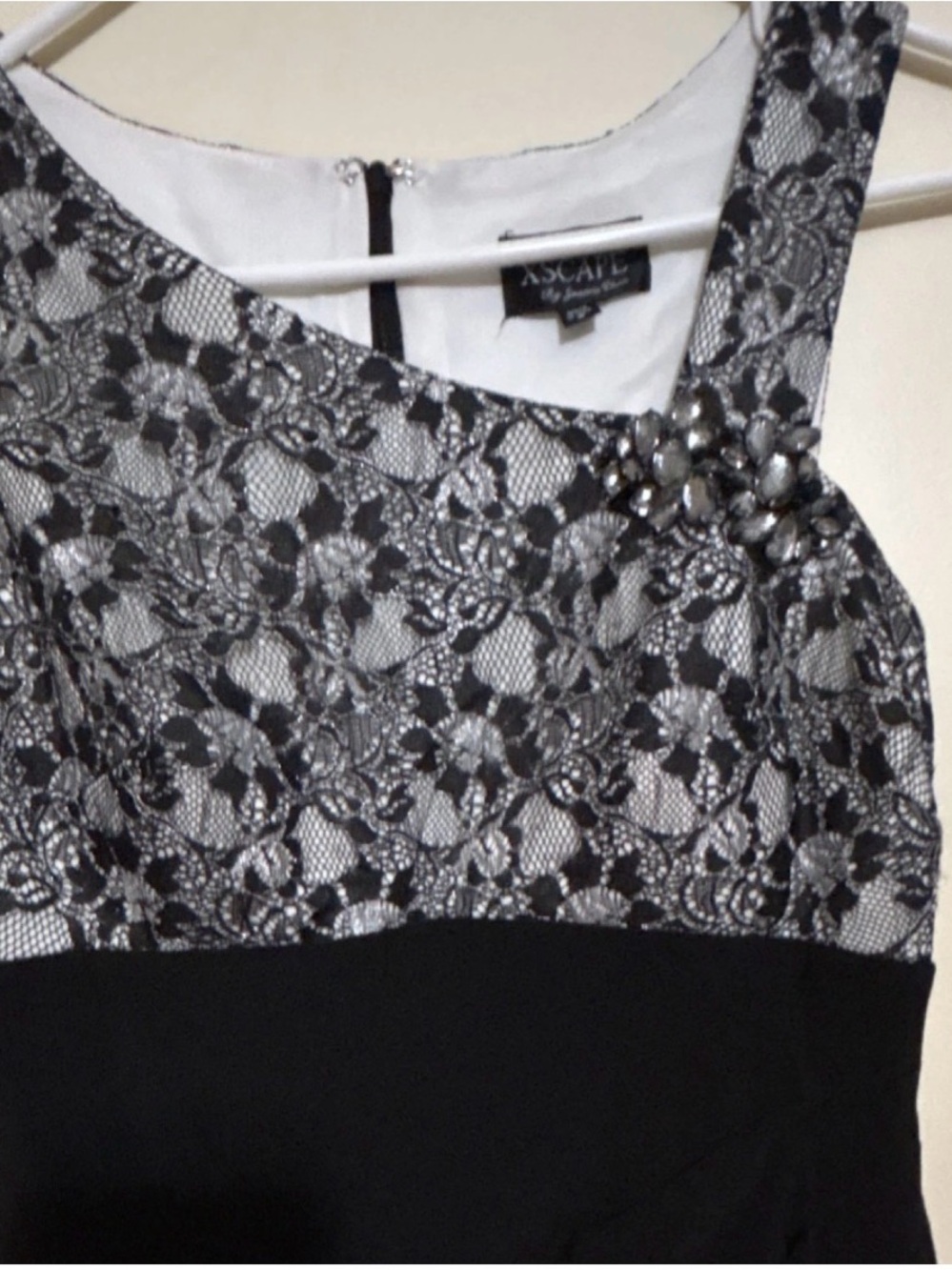 Xscape Black and Silver Lace Cocktail Dress with Beaded Accent